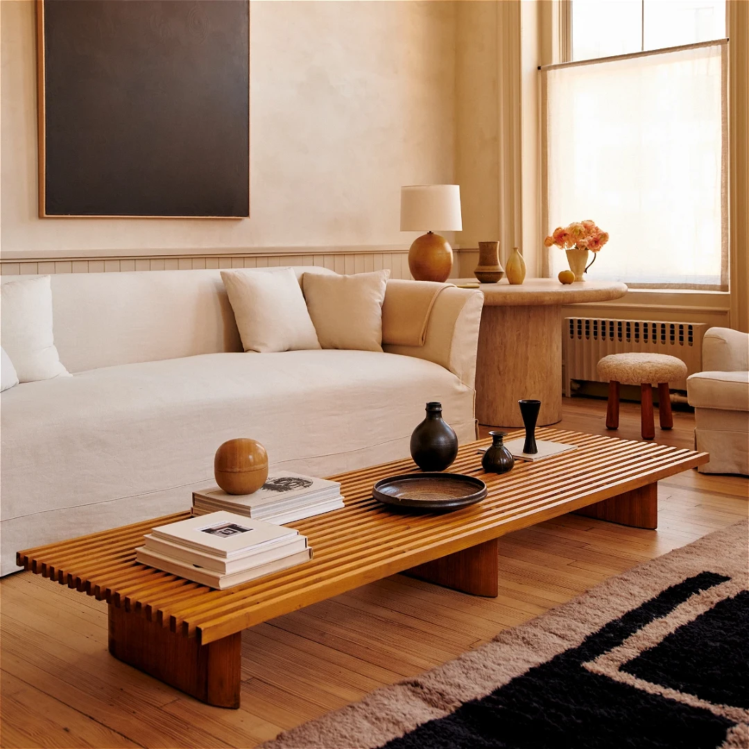 a living room with a white couch and a wooden coffee table
