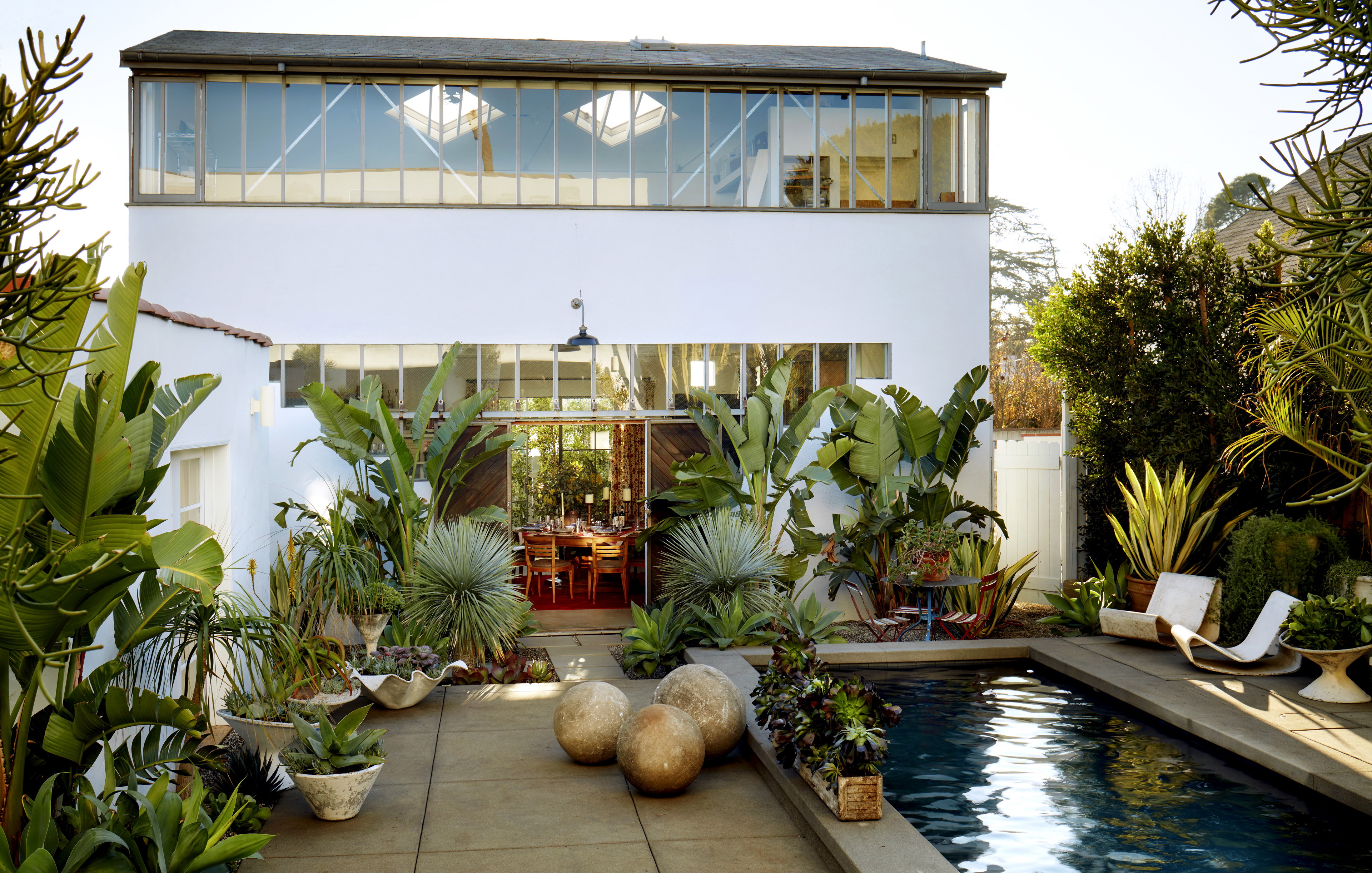 a house with a pool surrounded by plants