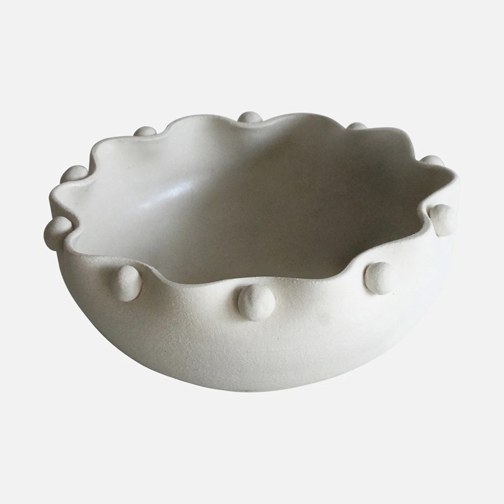 a white ceramic bowl with white dots on it