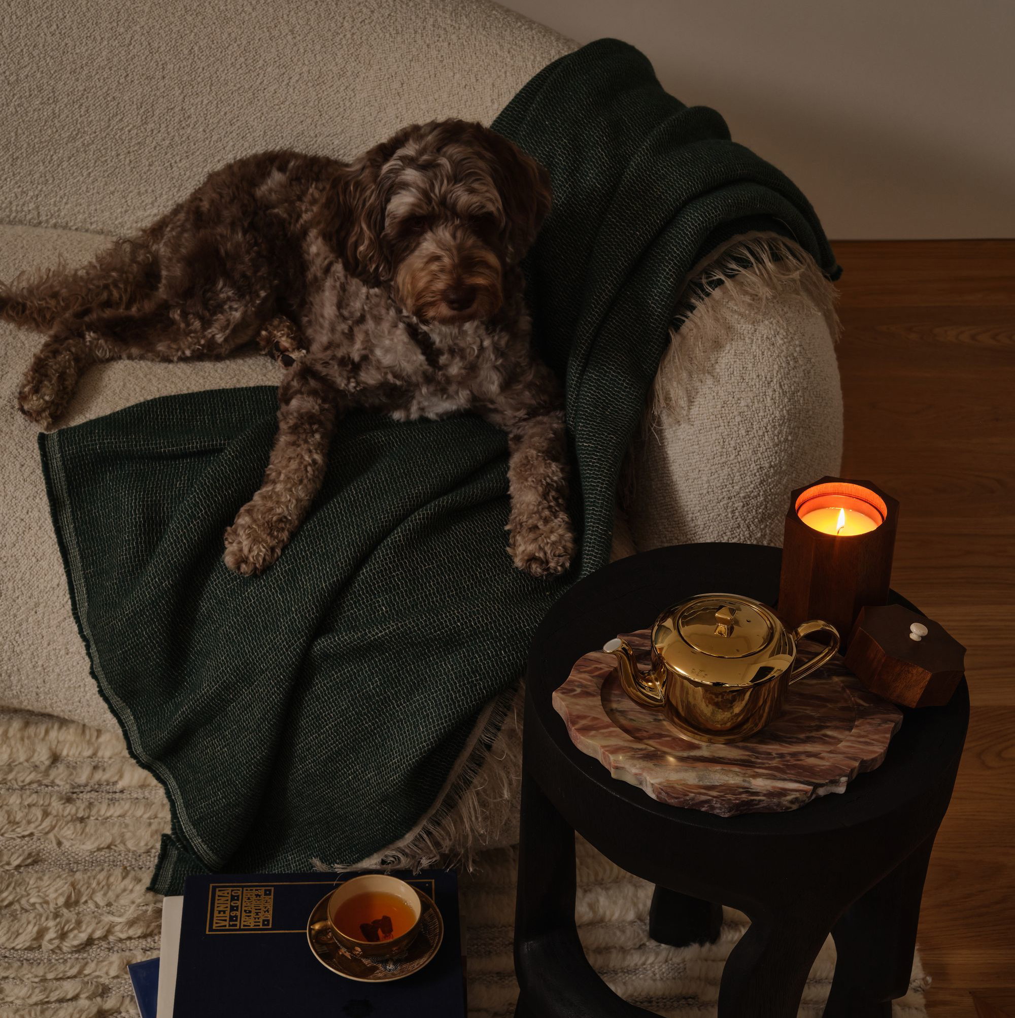 a dog laying on a chair next to a table with a candle