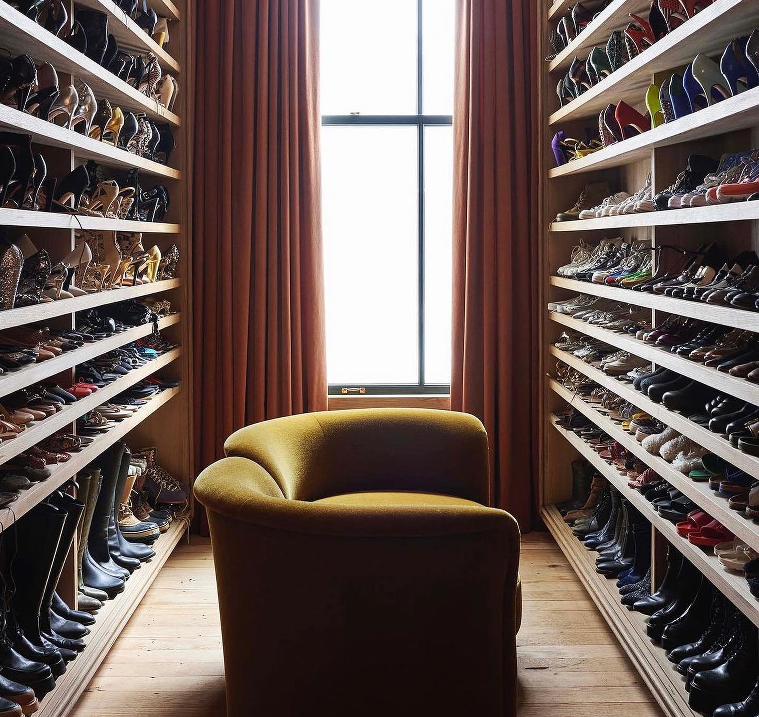 a room filled with lots of shoes and a chair