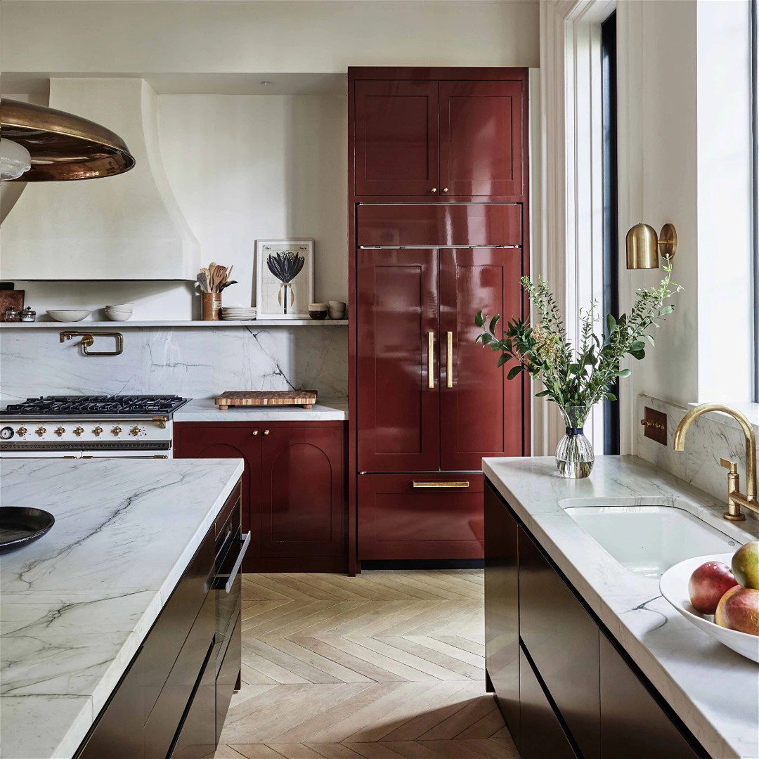 a kitchen with marble counter tops and red cabinets
