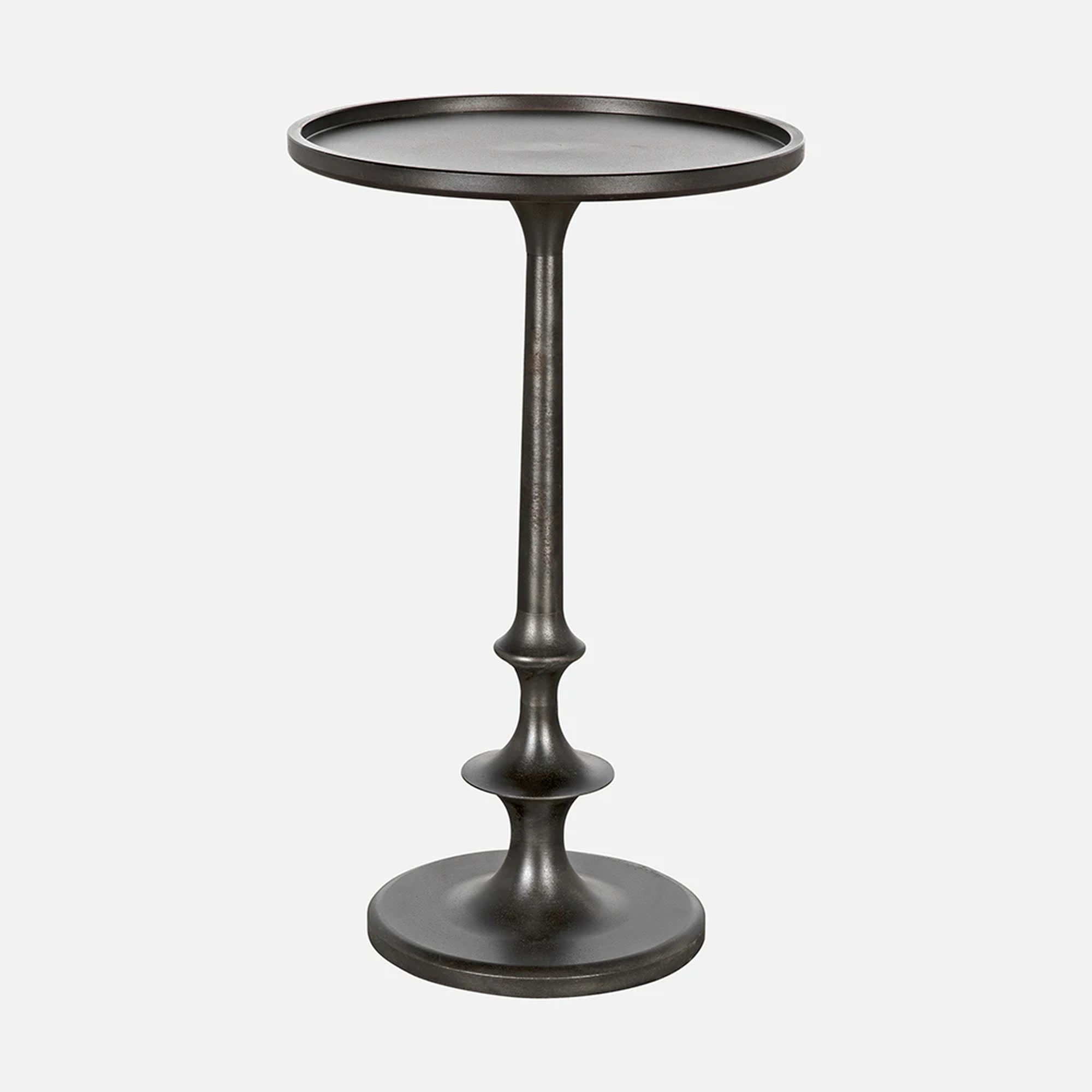 a metal table with a metal base on a white background