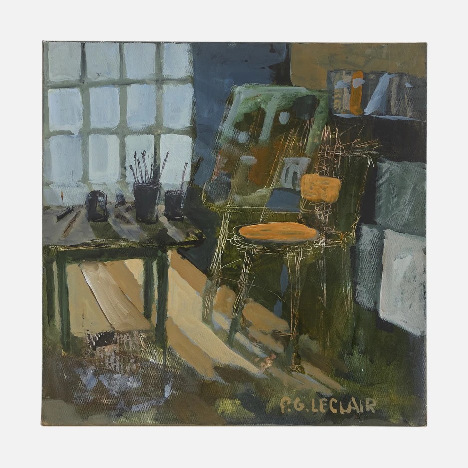 a painting of a chair next to a table