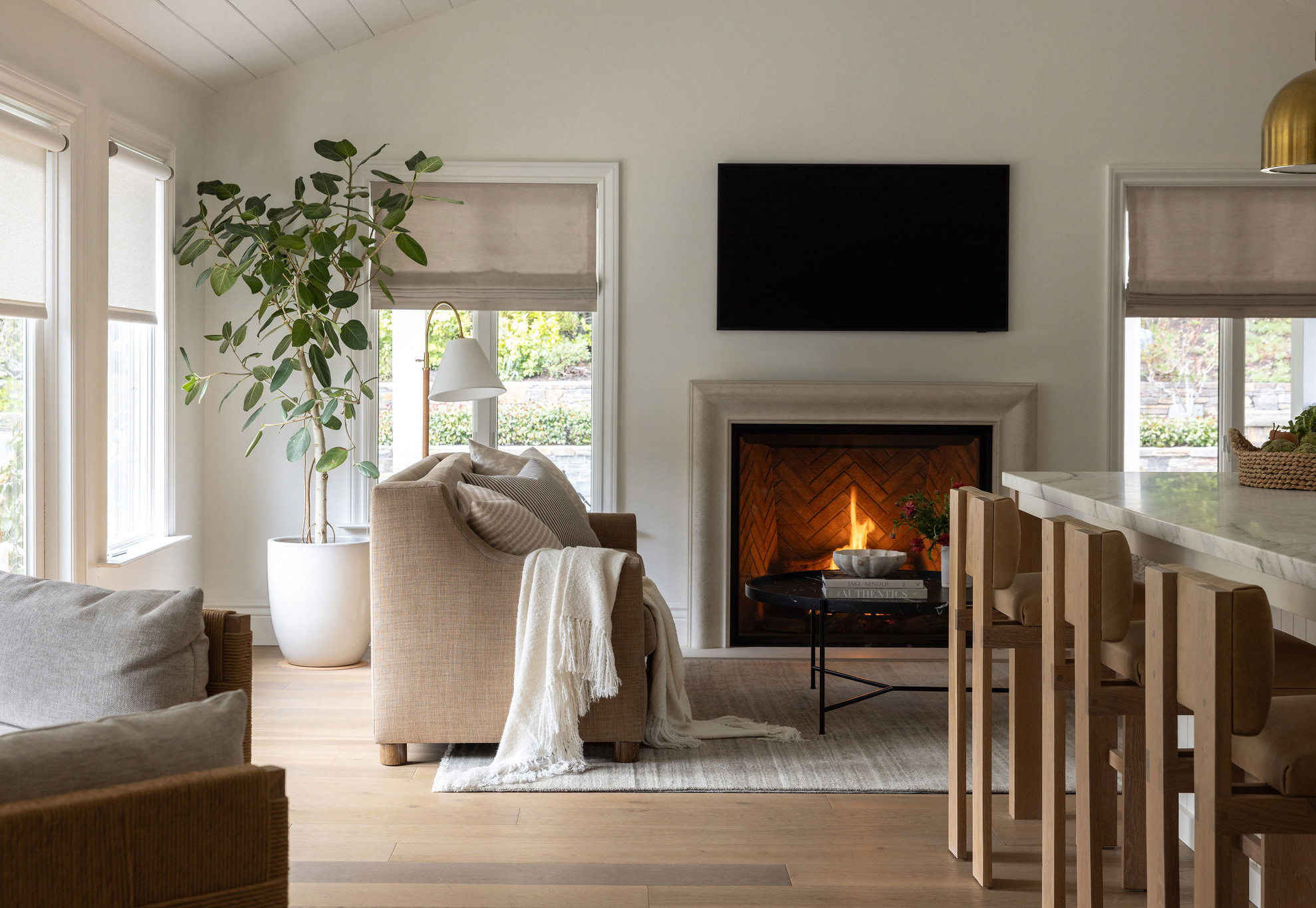 a living room filled with furniture and a fire place