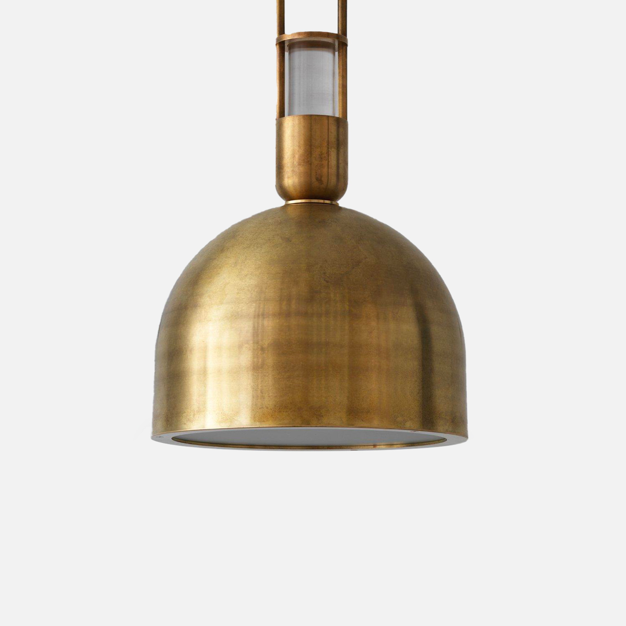 a brass pendant light hanging from a ceiling