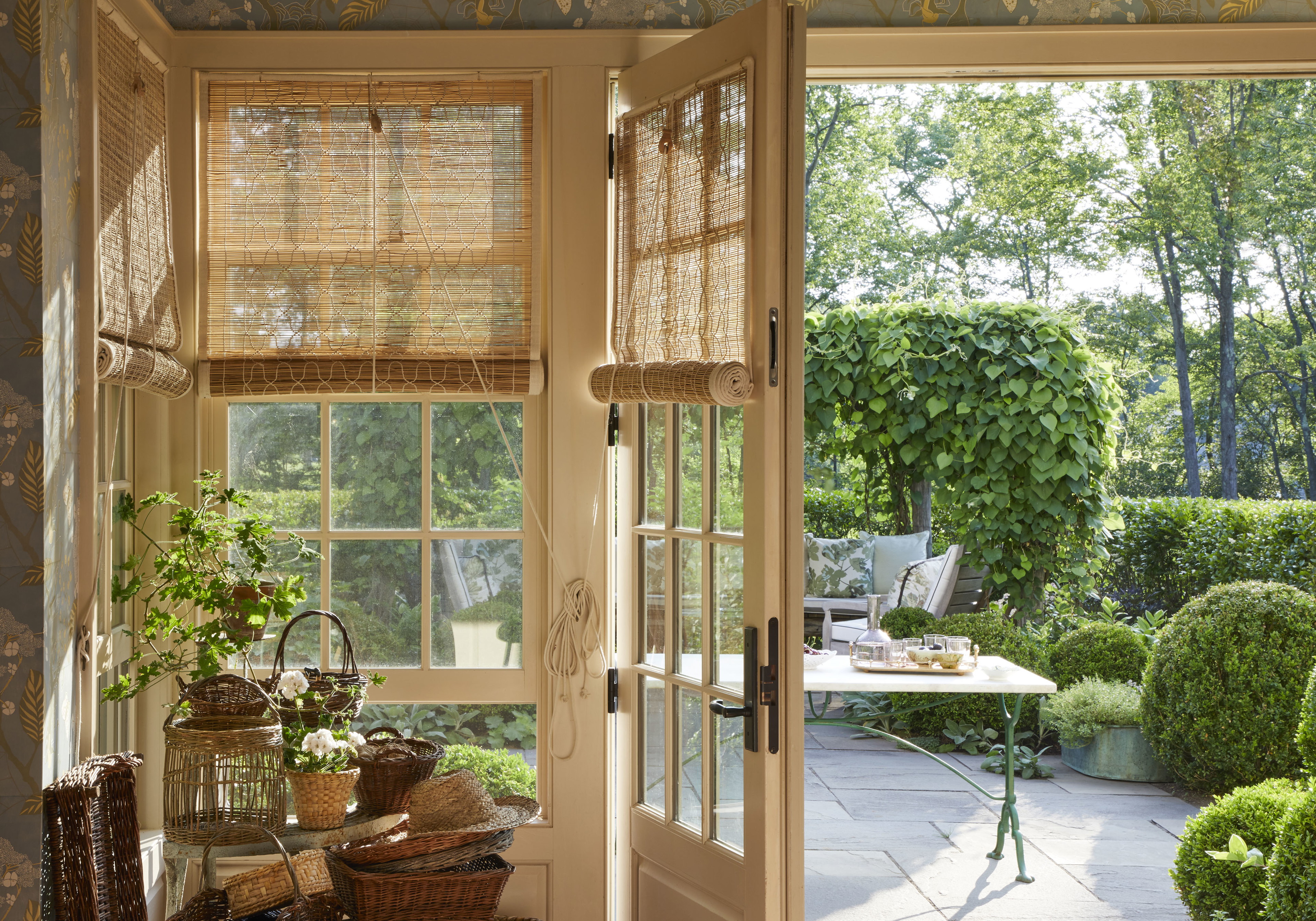 a view of a patio through an open door