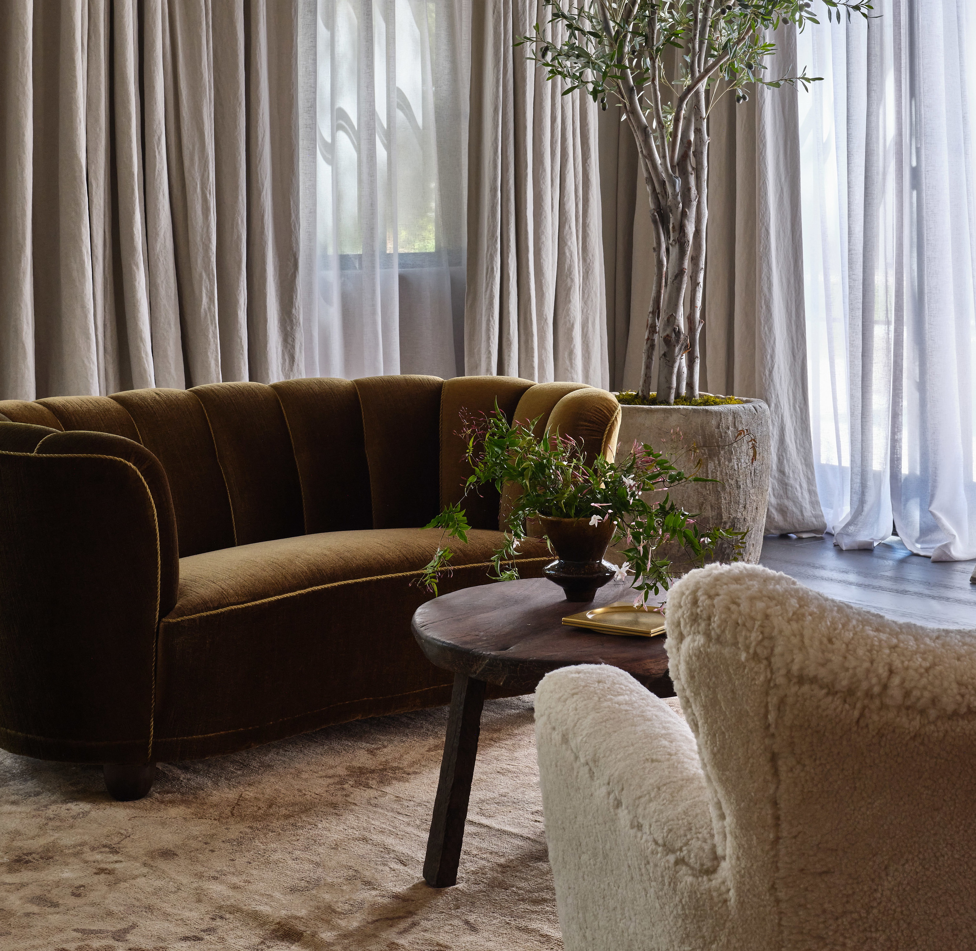 a living room filled with furniture and a tree