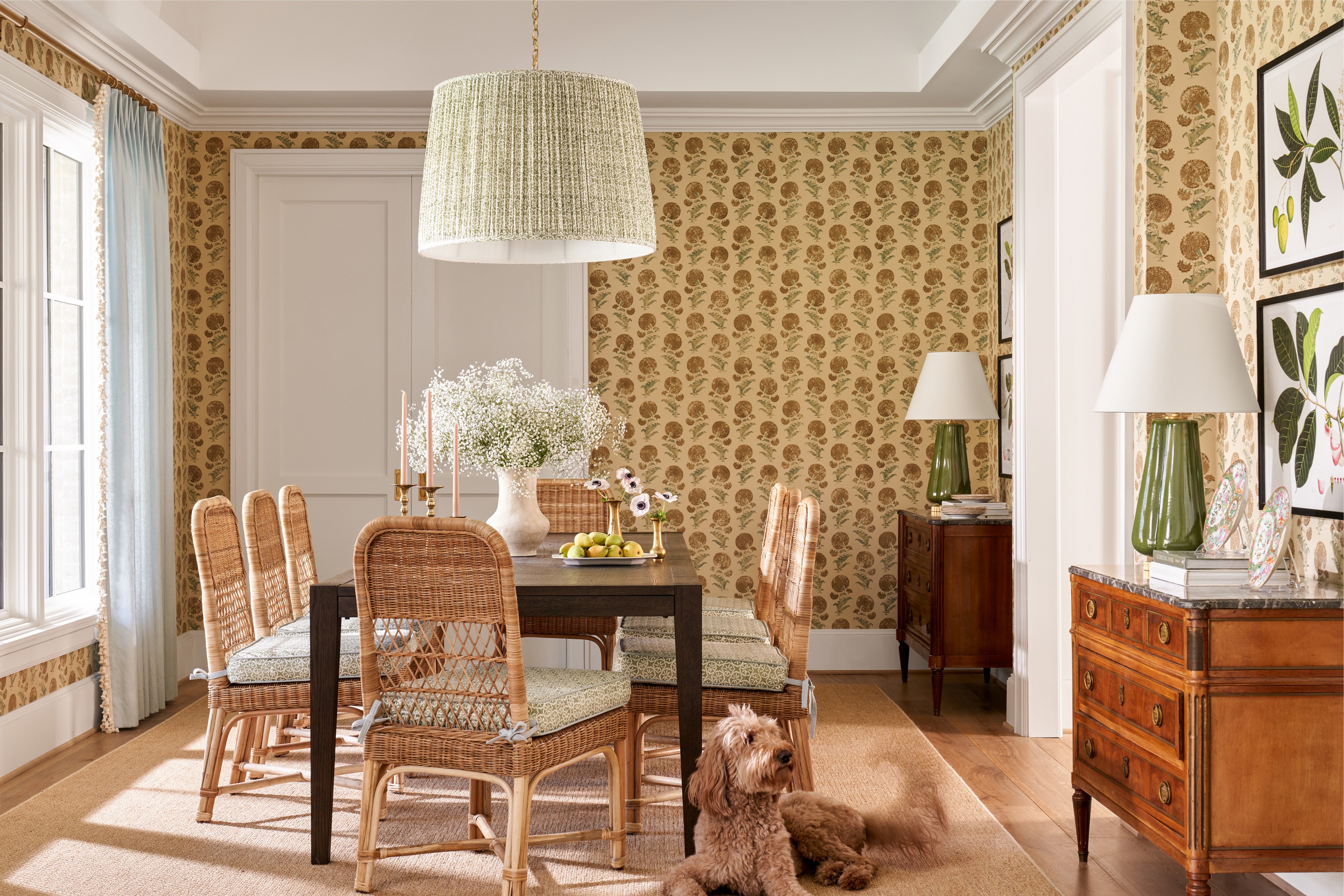 a dining room with a dog sitting on the floor