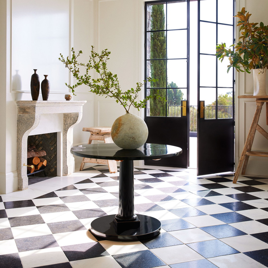 a black and white checkered floor in a living room