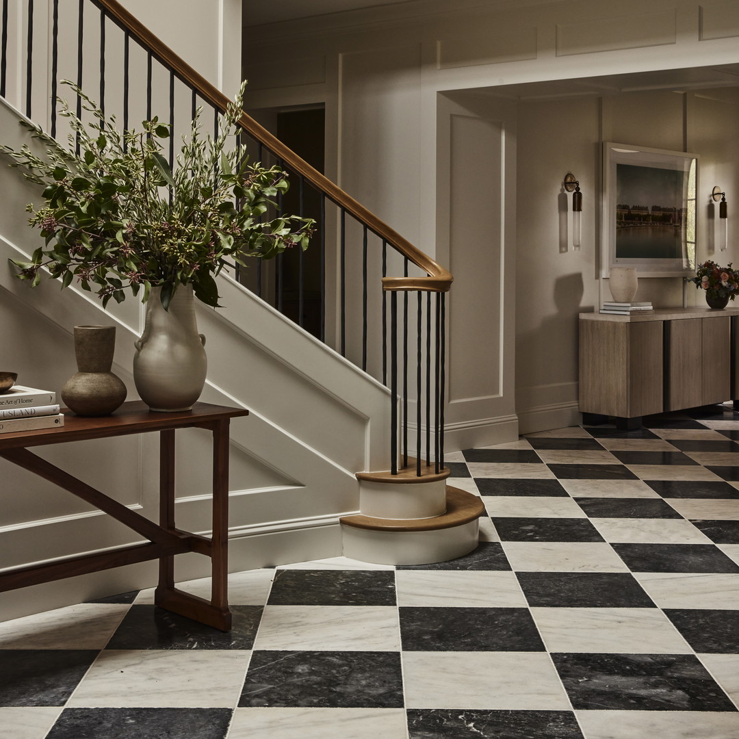 a black and white checkered floor in a house