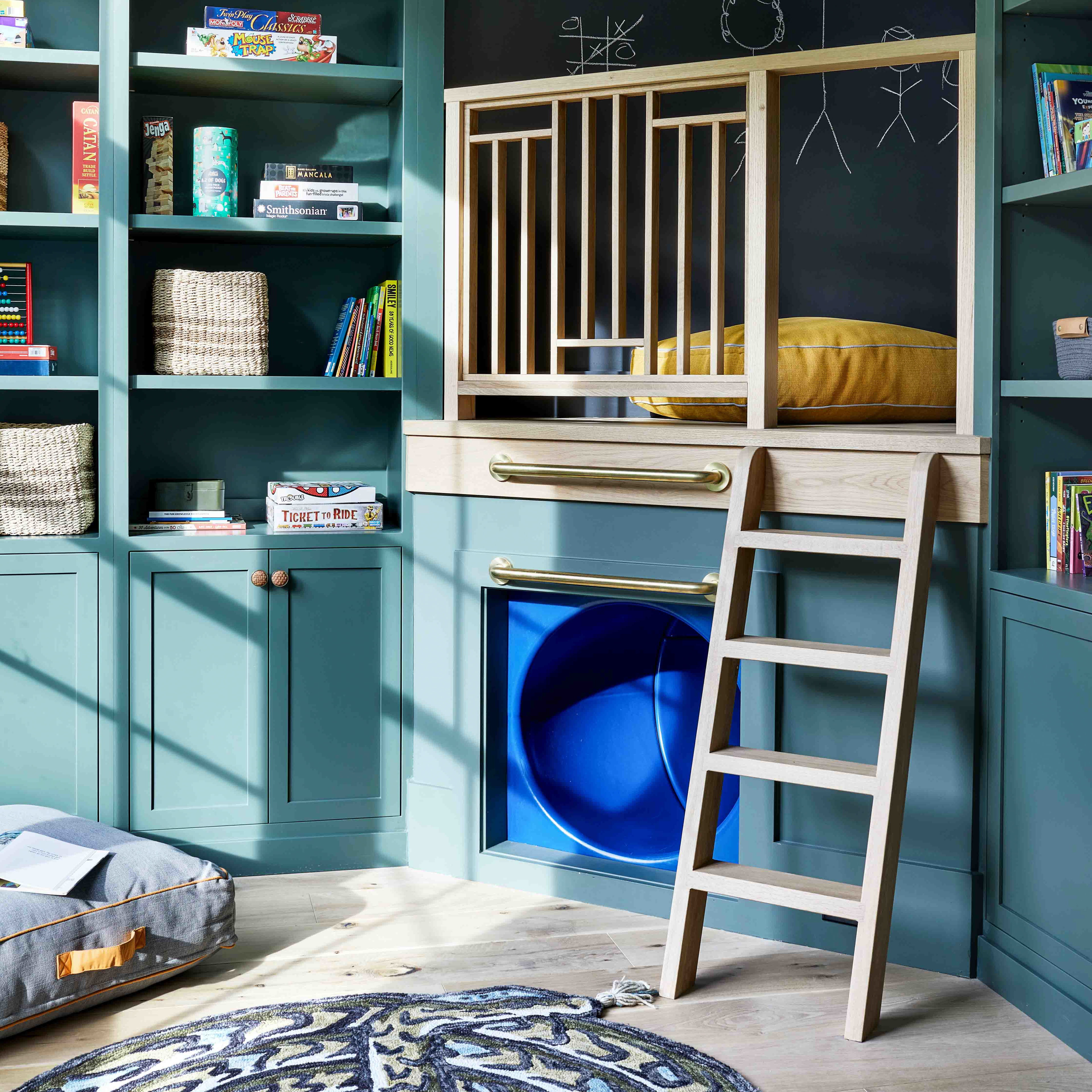 a child's room with a ladder and bookshelf