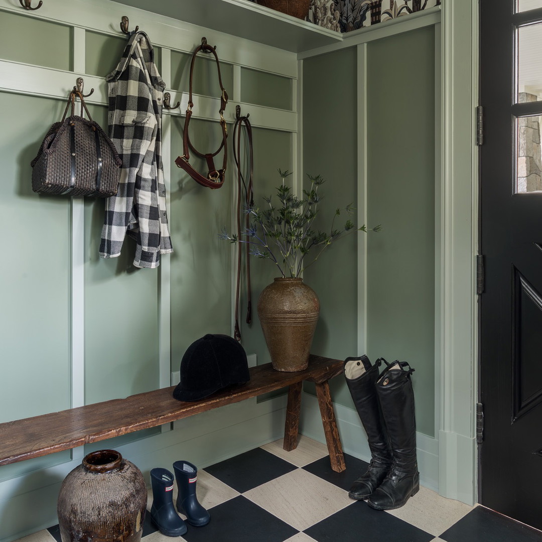 a black and white checkered floor and a wooden bench