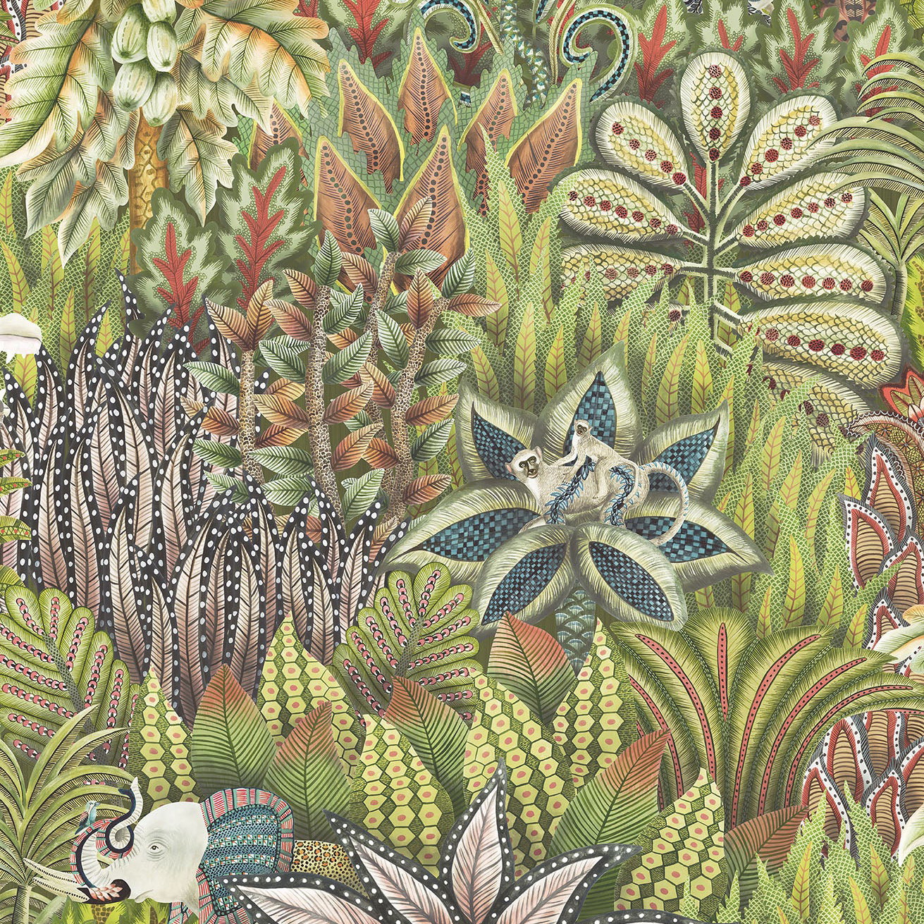 a painting of plants and animals in a forest