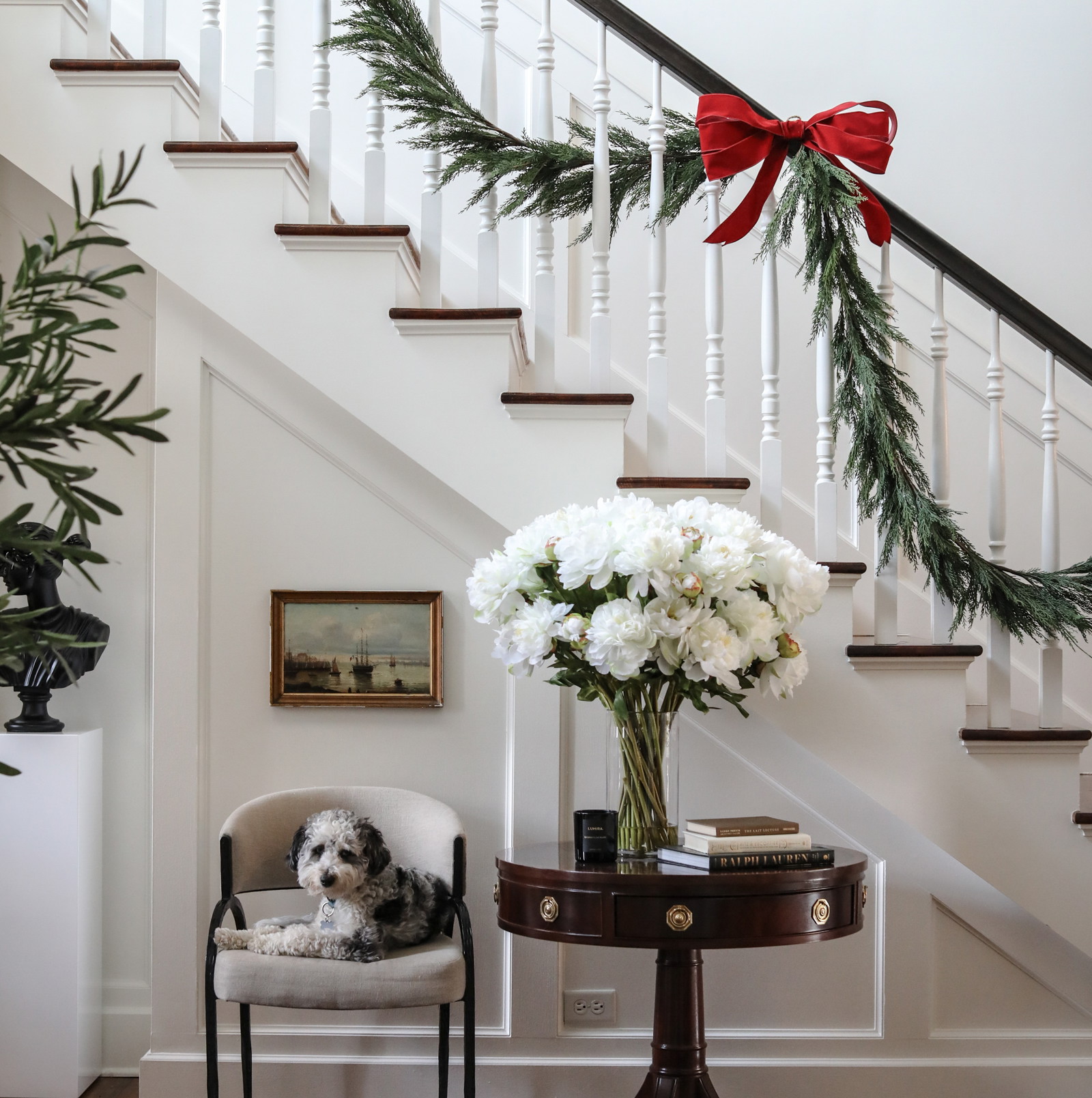 a dog sitting in a chair under a banister