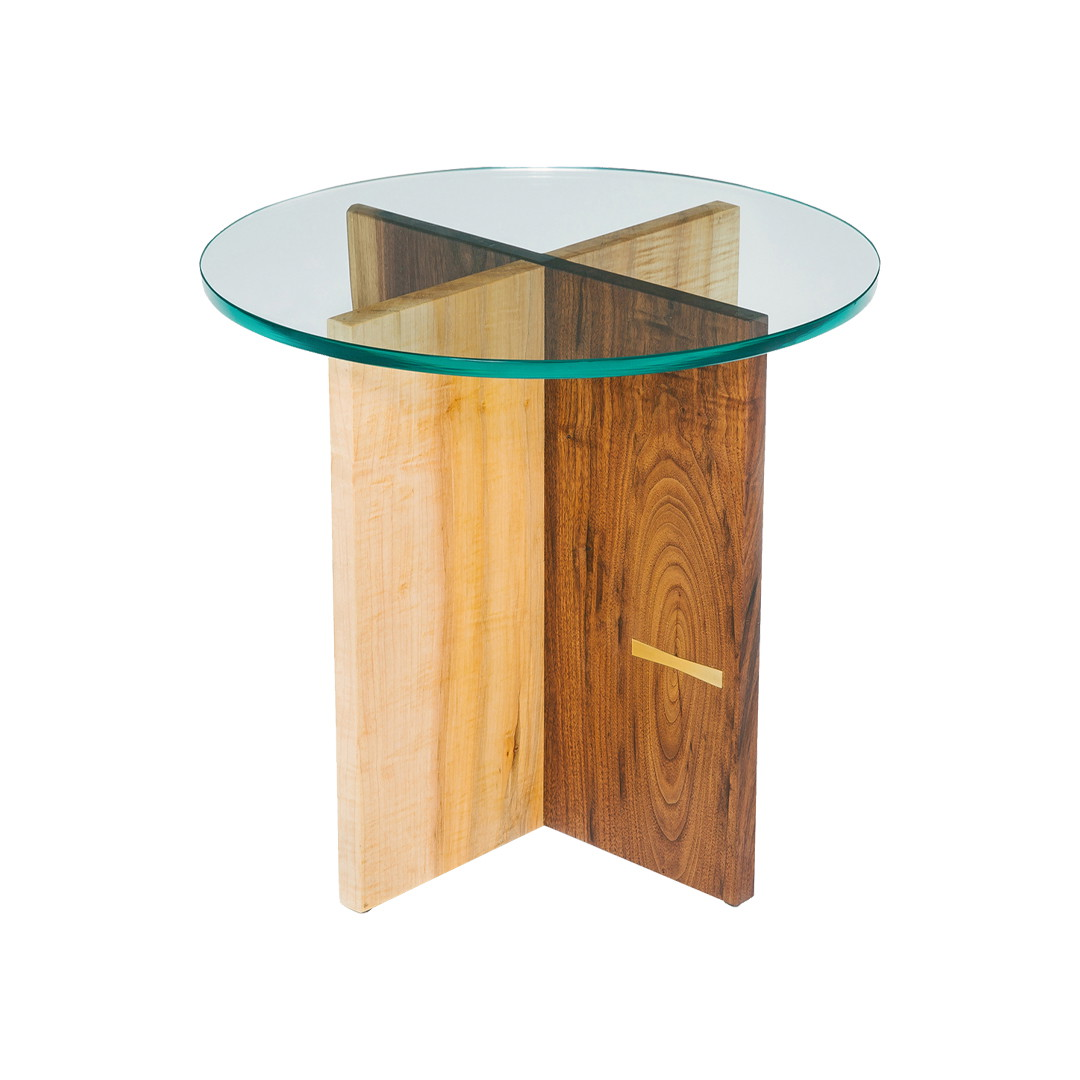 a wooden table with a glass top on a white background