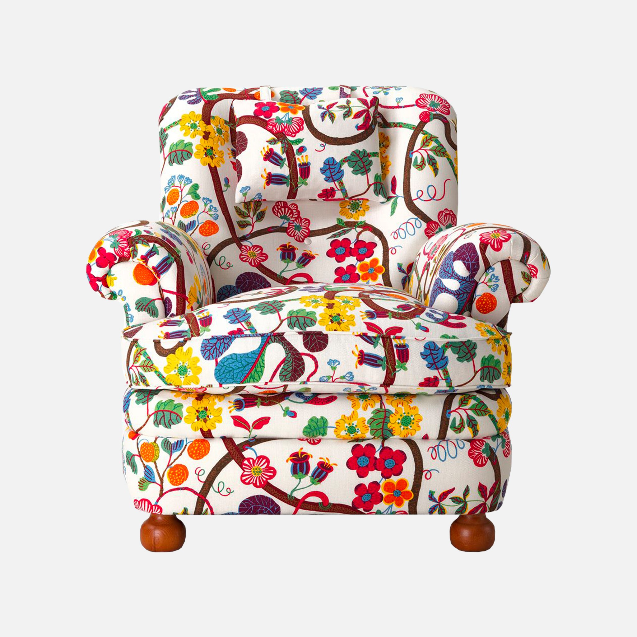 a colorful chair with a flowery pattern on it