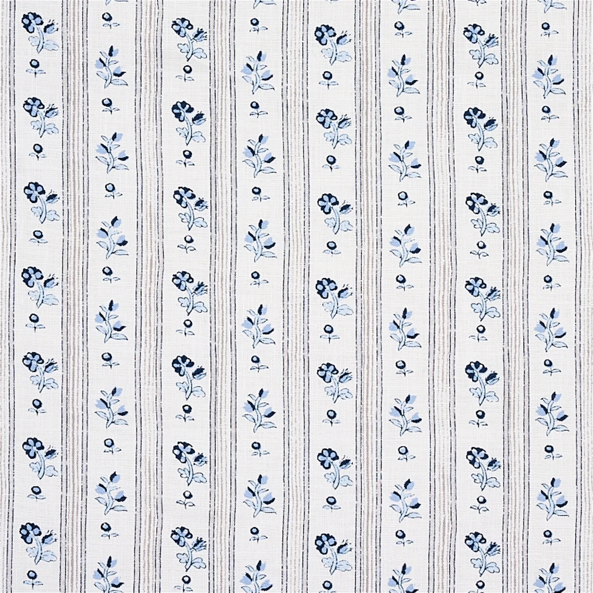 a blue and white striped wallpaper with flowers