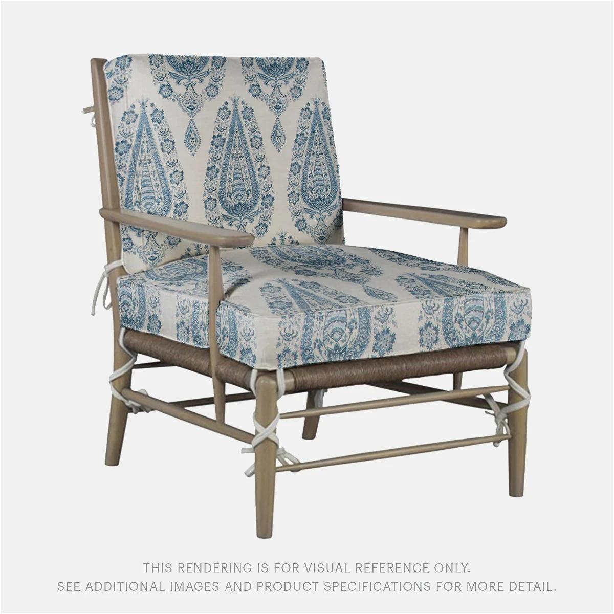 a chair with a blue and white upholstered seat