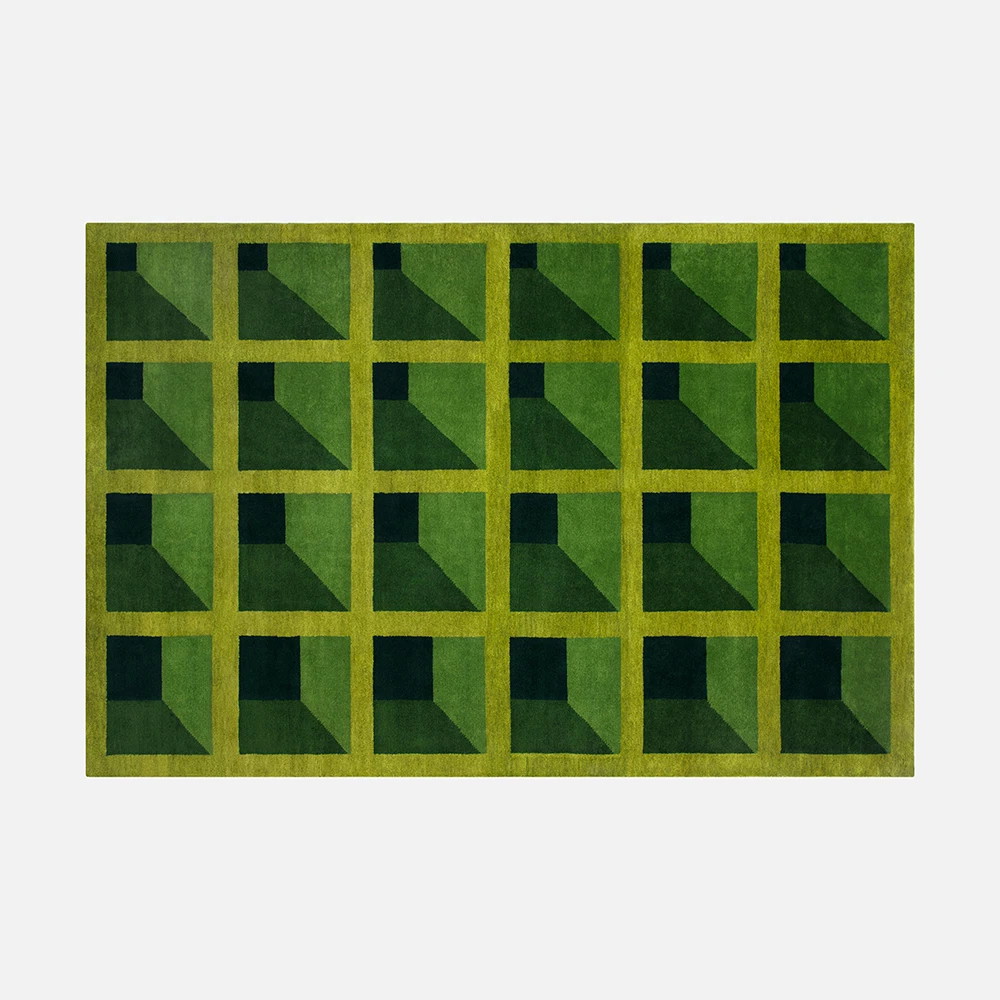 a green area rug with squares and rectangles