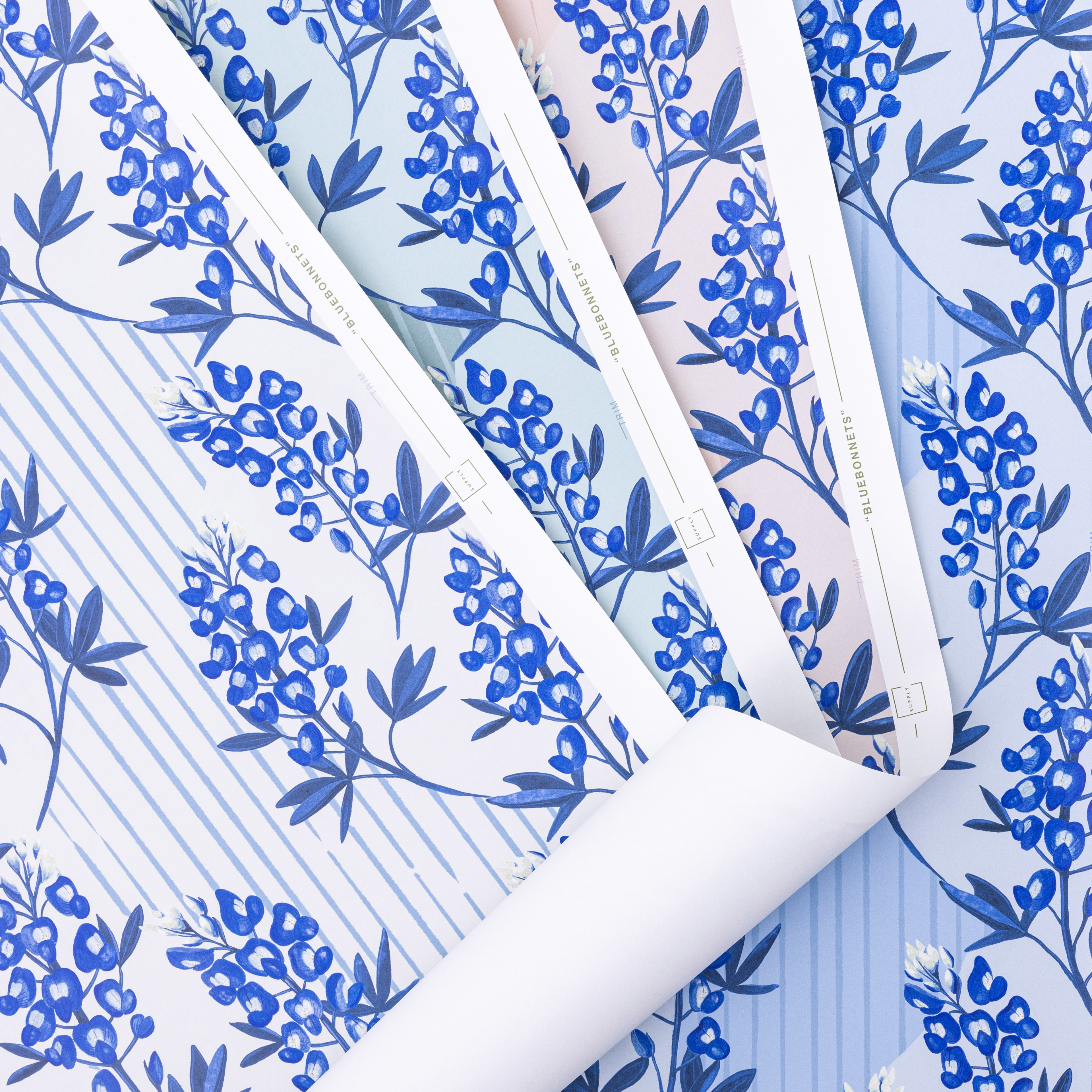 four blue and white envelopes with blue flowers on them