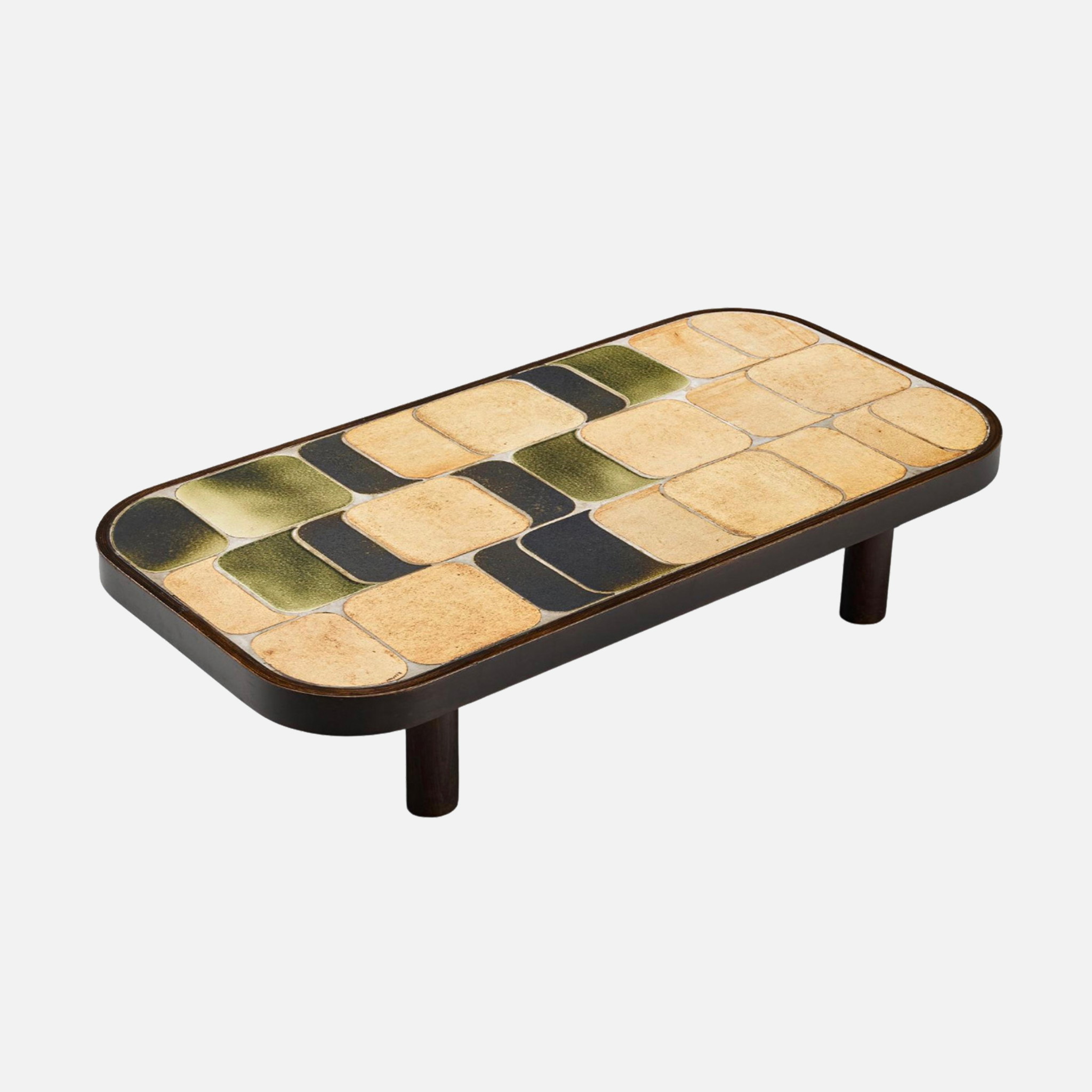 a wooden table with a tile design on it