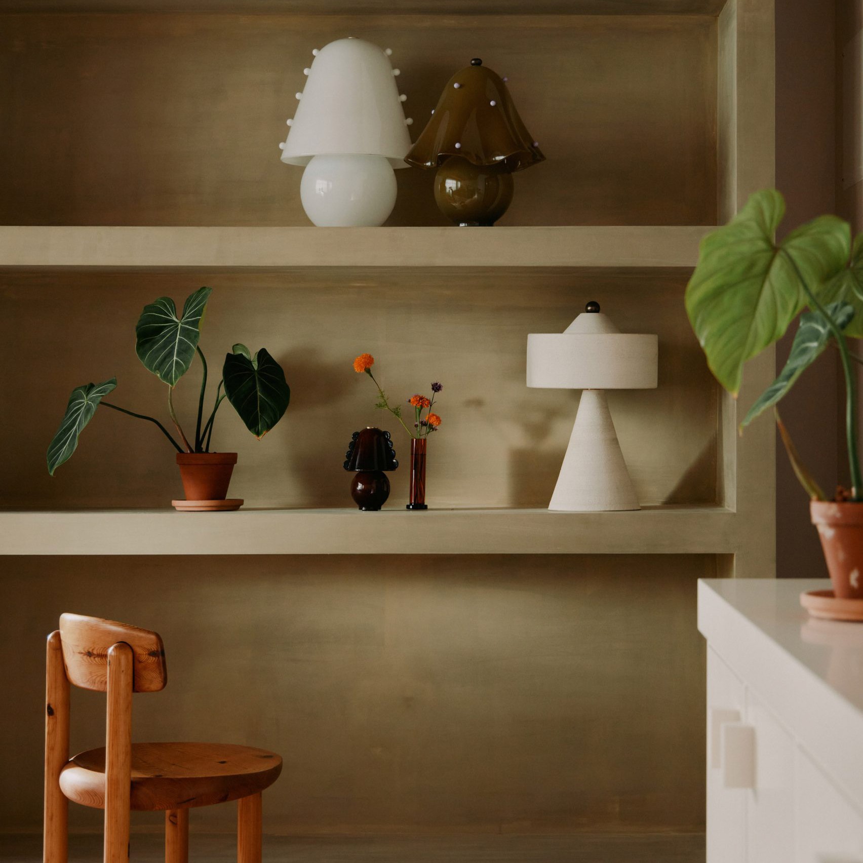 a wooden chair sitting in front of a shelf filled with potted plants