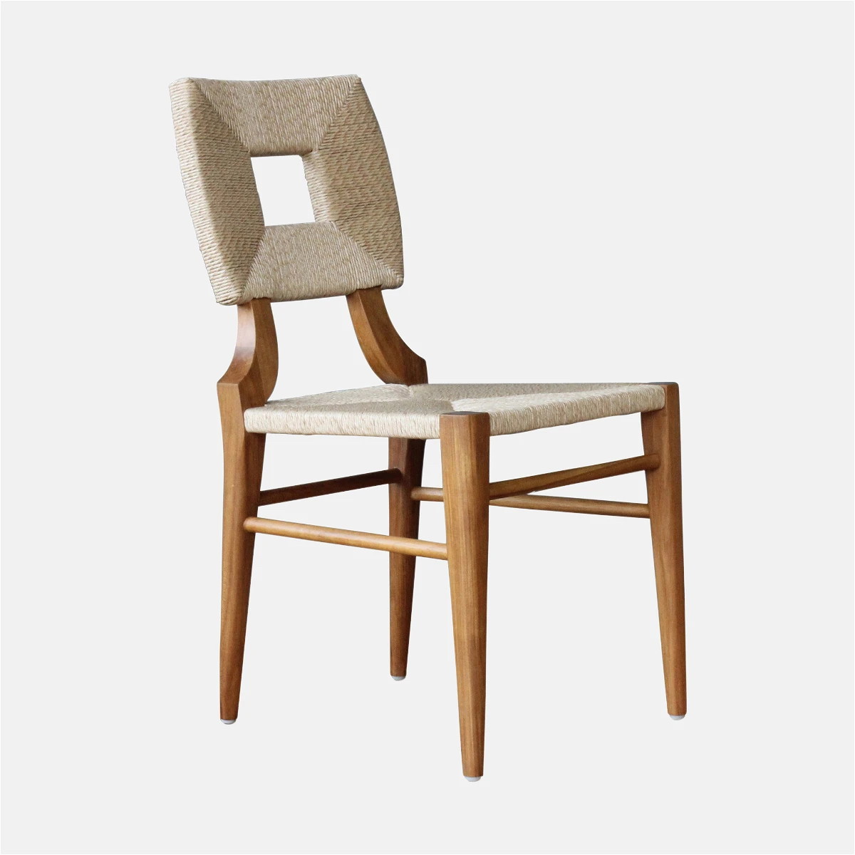 a wooden chair with a beige upholstered seat