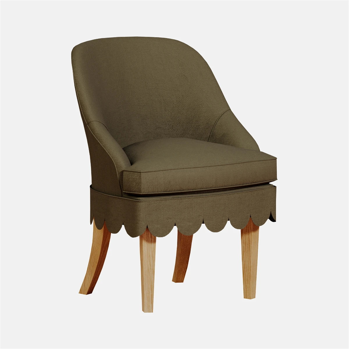 a chair with a scalloped back and wooden legs