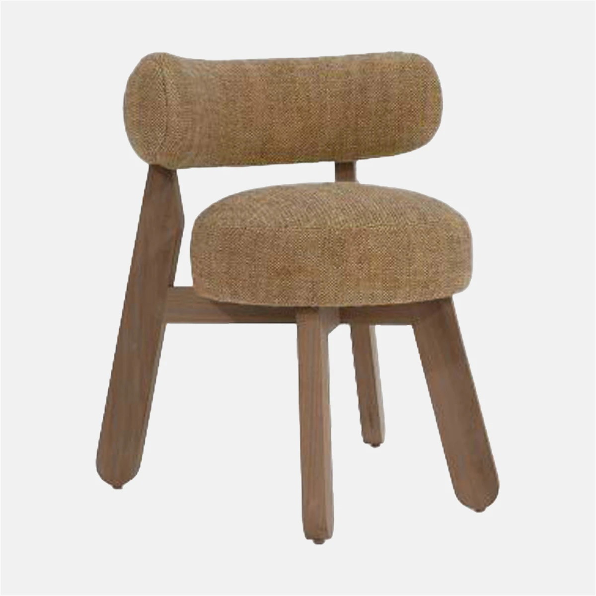 a wooden chair with a tan upholstered seat