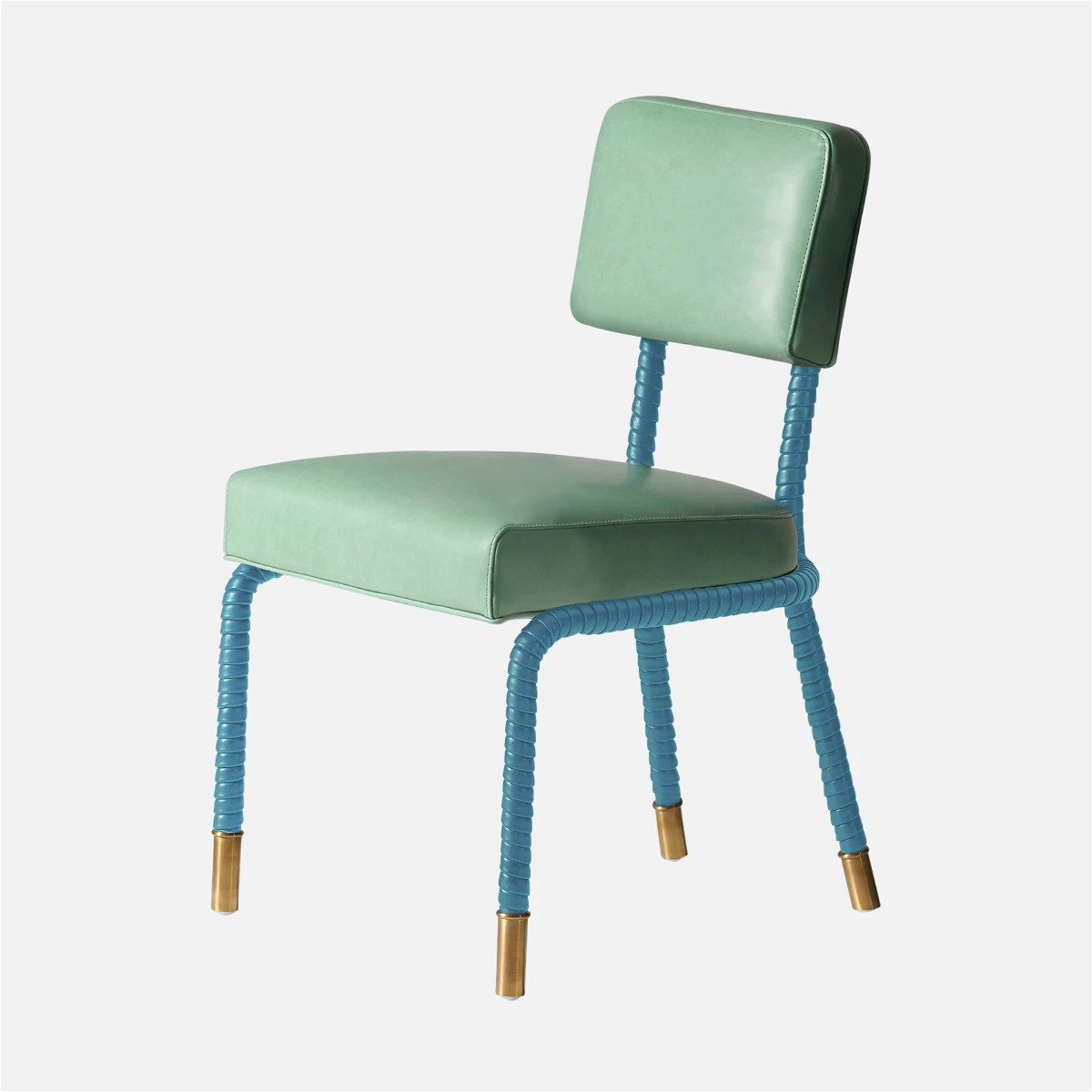 a green chair with wooden legs and a blue seat