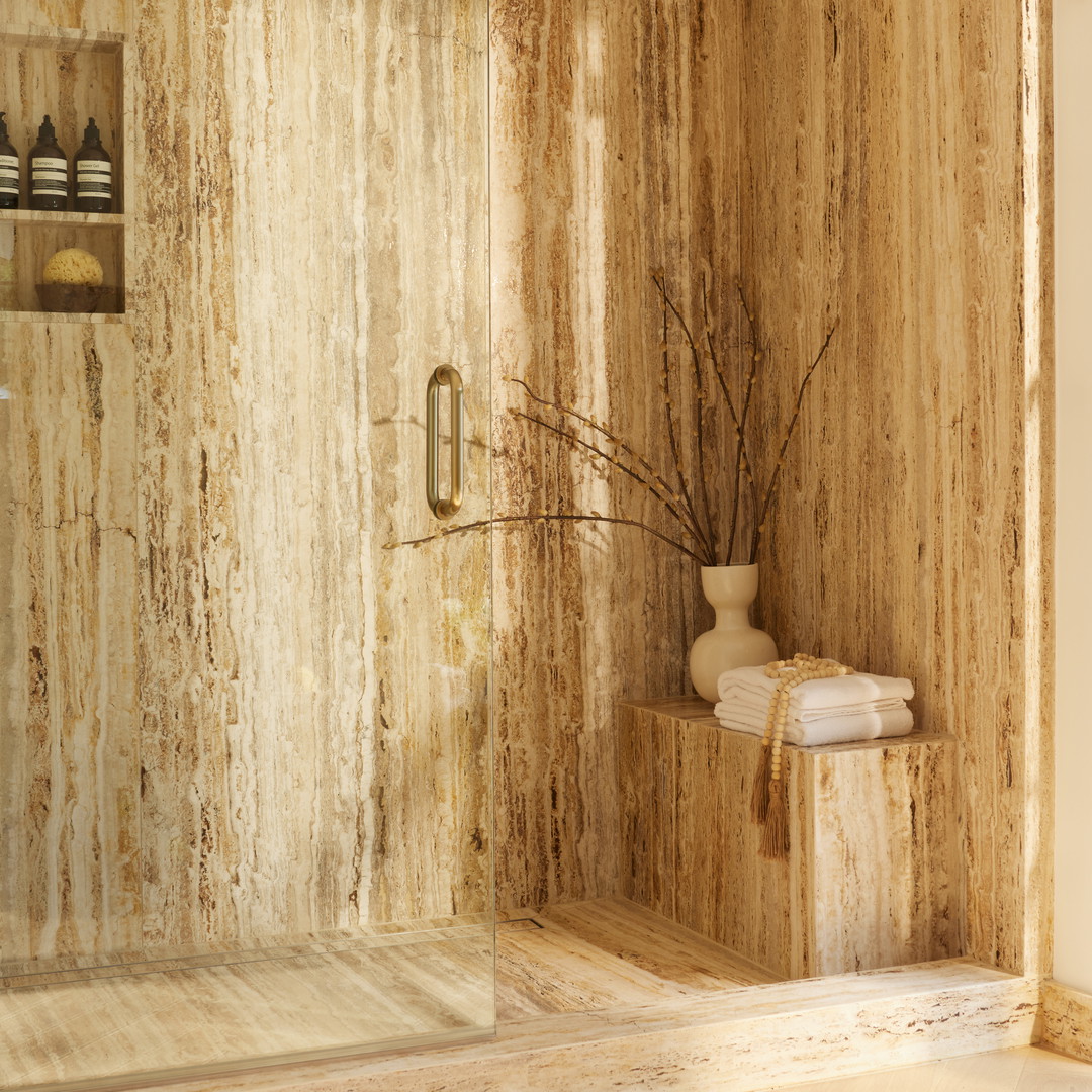 a bathroom with a glass shower door and a wooden wall