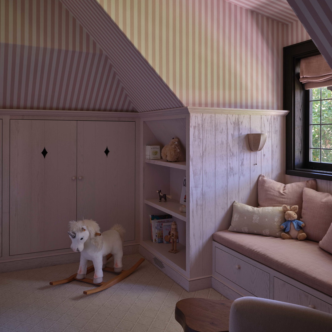 a room with a window, bookshelf and stuffed animals