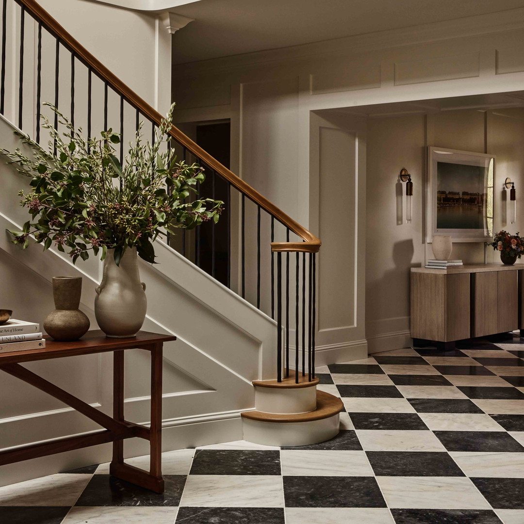 a black and white checkered floor in a house