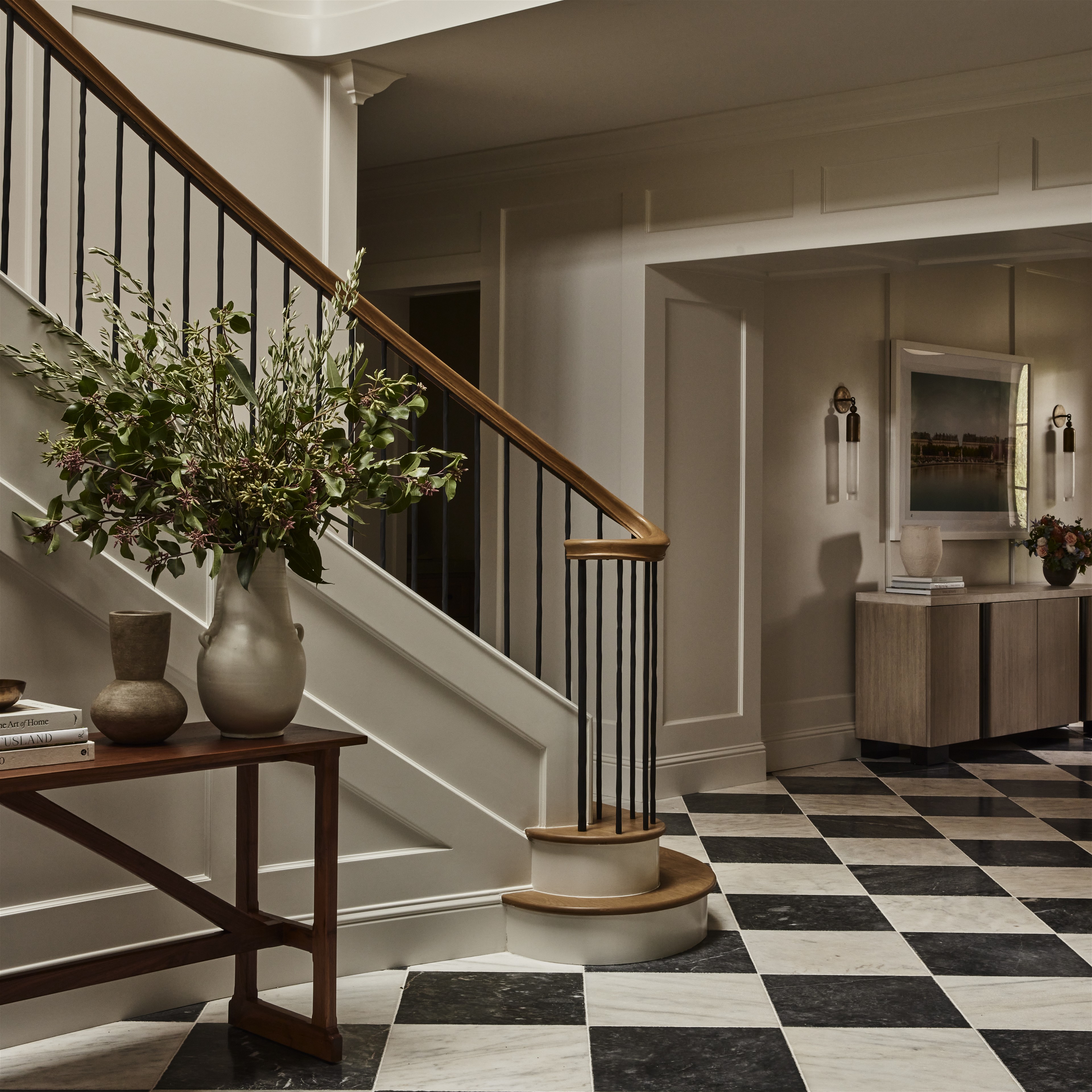 a black and white checkered floor in a house