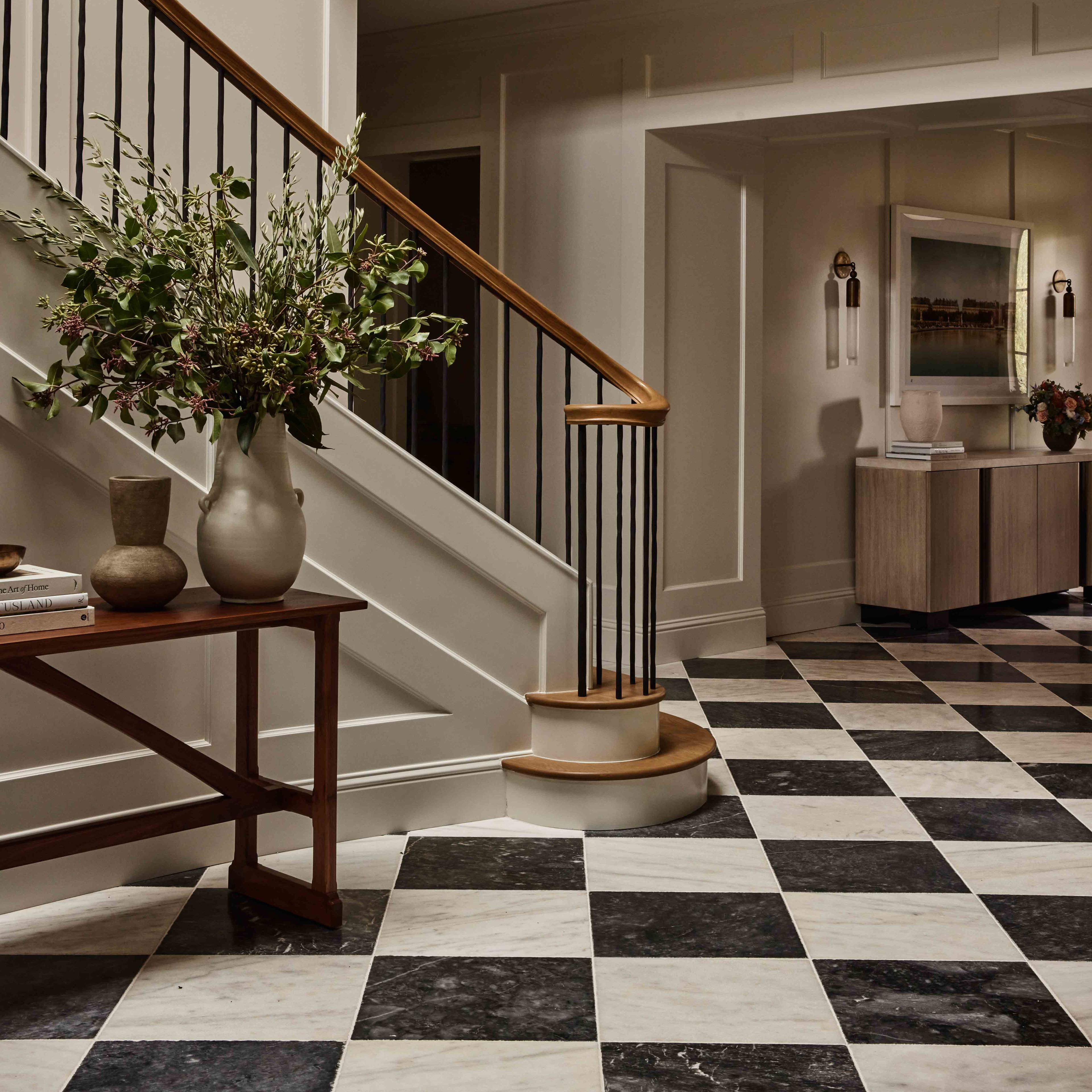 a black and white checkered floor in a house