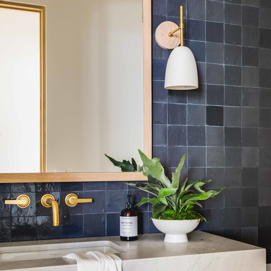 a bathroom sink with a mirror and a plant