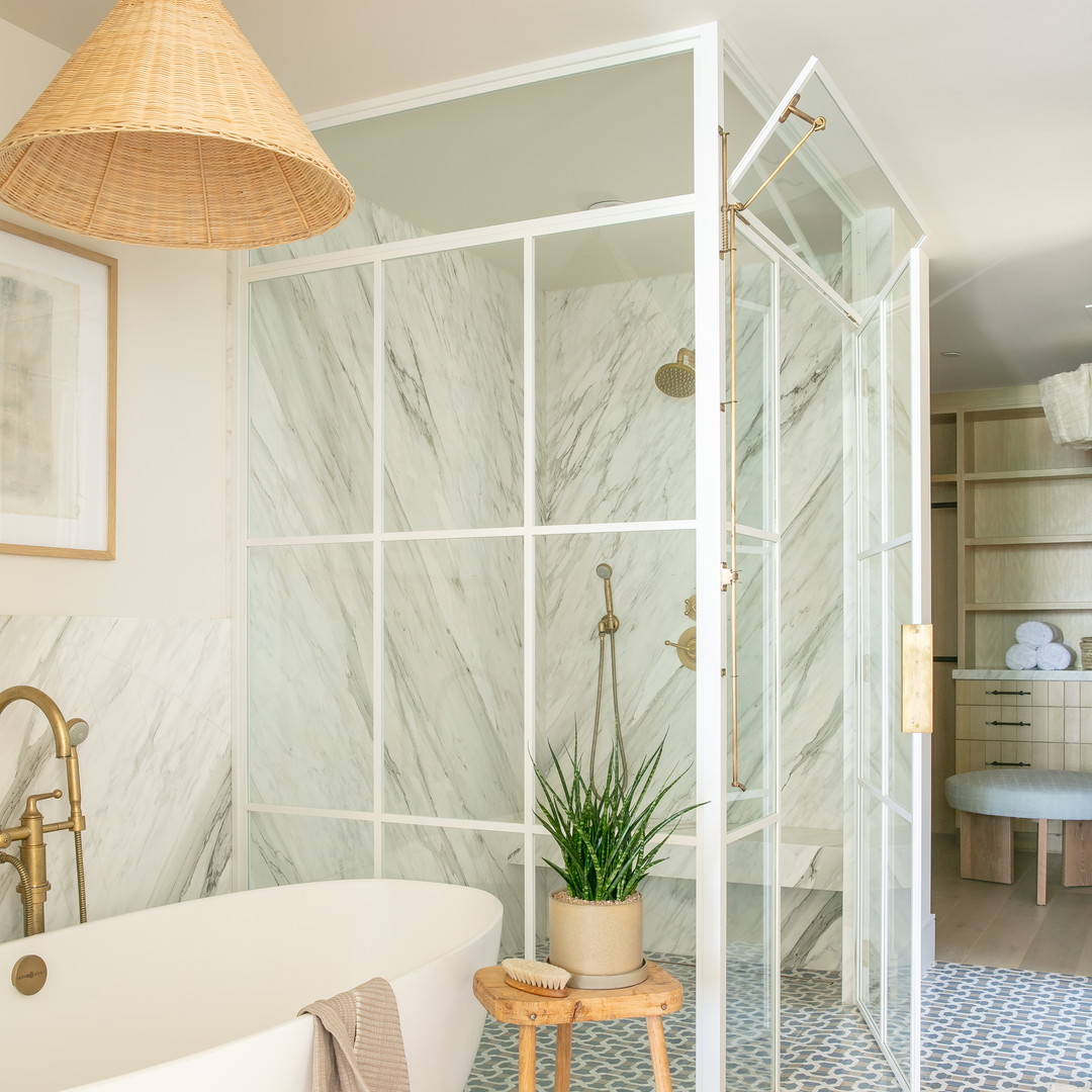 a bathroom with a tub and a plant in it