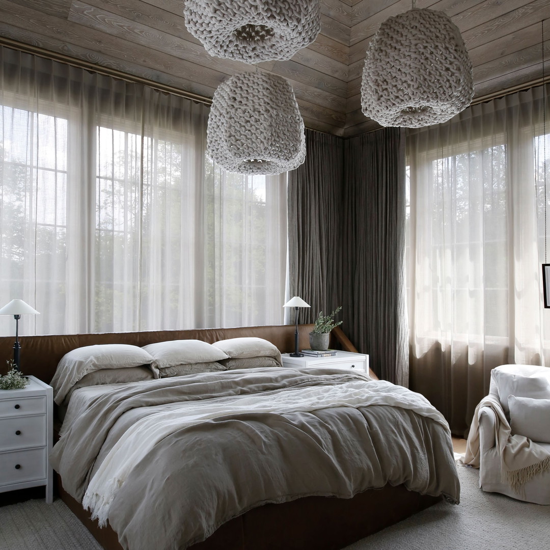 a bedroom with a large bed and two lamps hanging from the ceiling