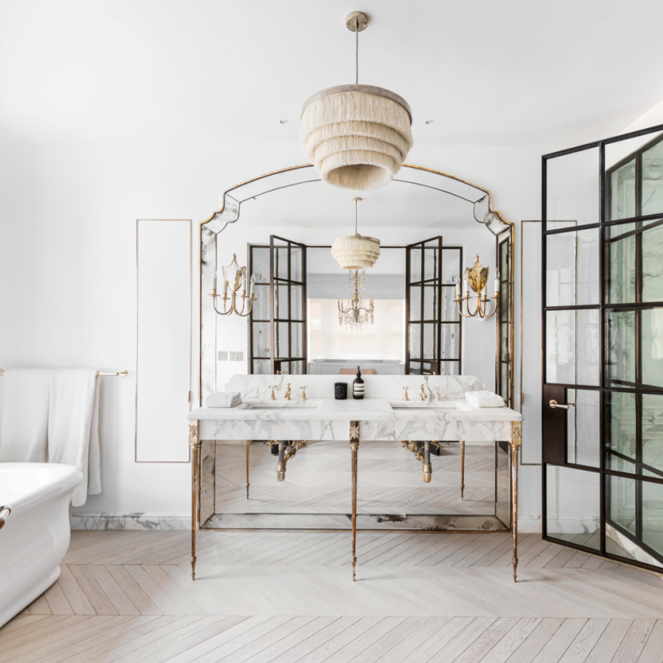 a bathroom with a double sink and a mirror