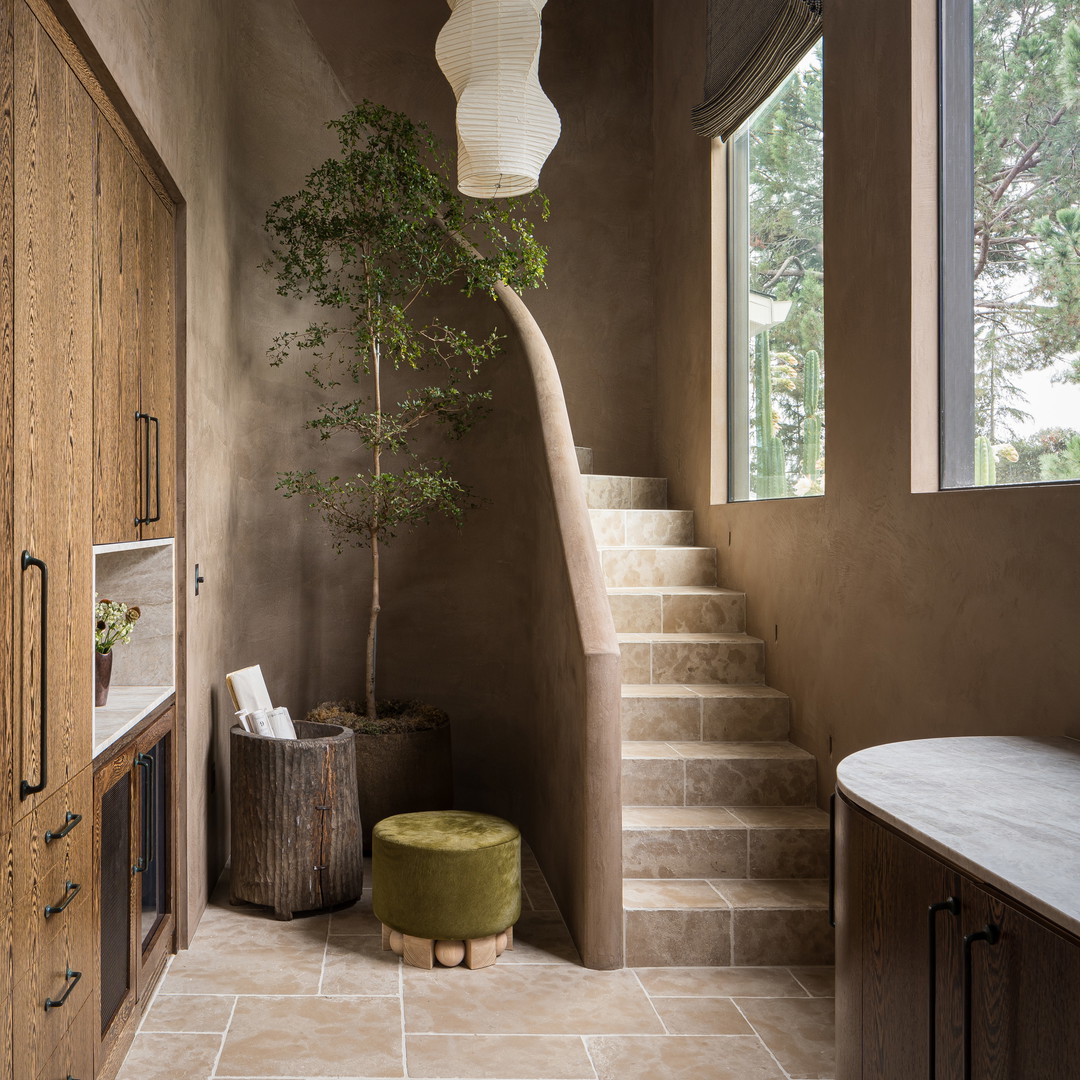 a room with a staircase and a potted tree