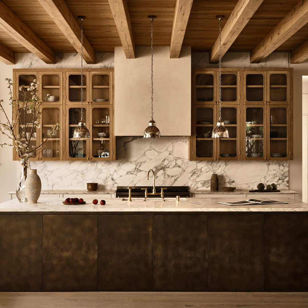 a kitchen with a marble counter top and wooden cabinets