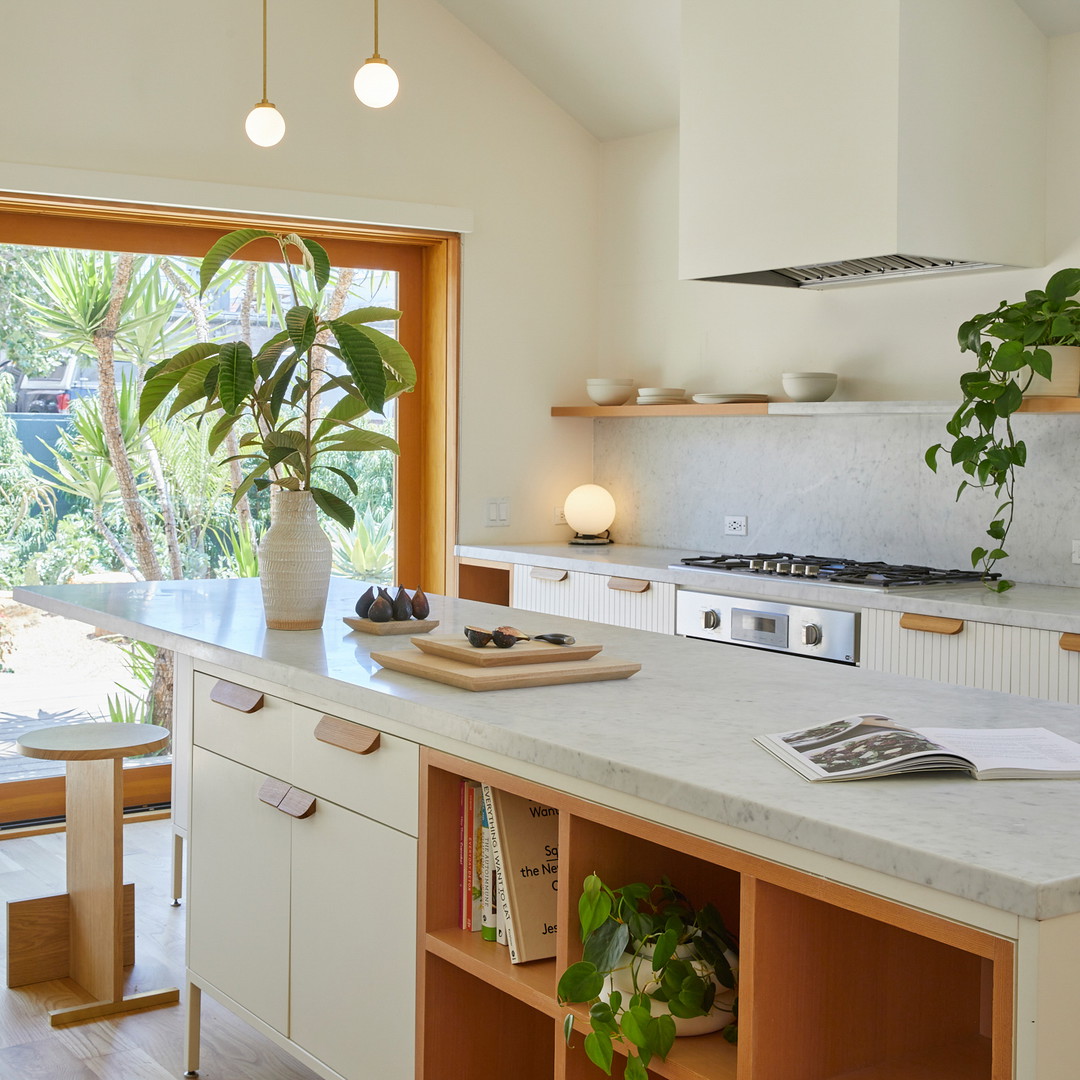 a kitchen with a sink, stove, oven and a potted plant