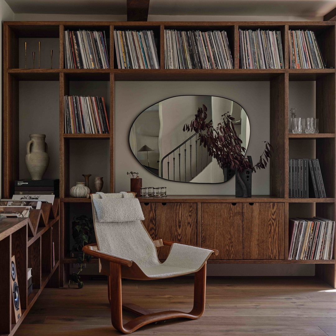 a living room with a record player and a record player