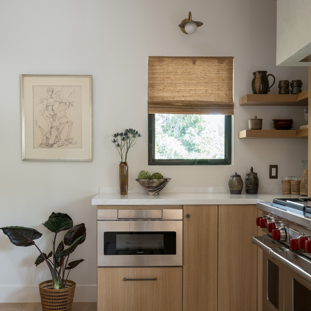 a kitchen with a stove, oven, and a potted plant