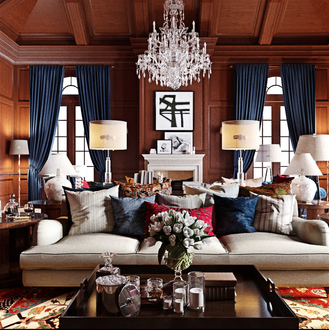 a living room filled with furniture and a chandelier