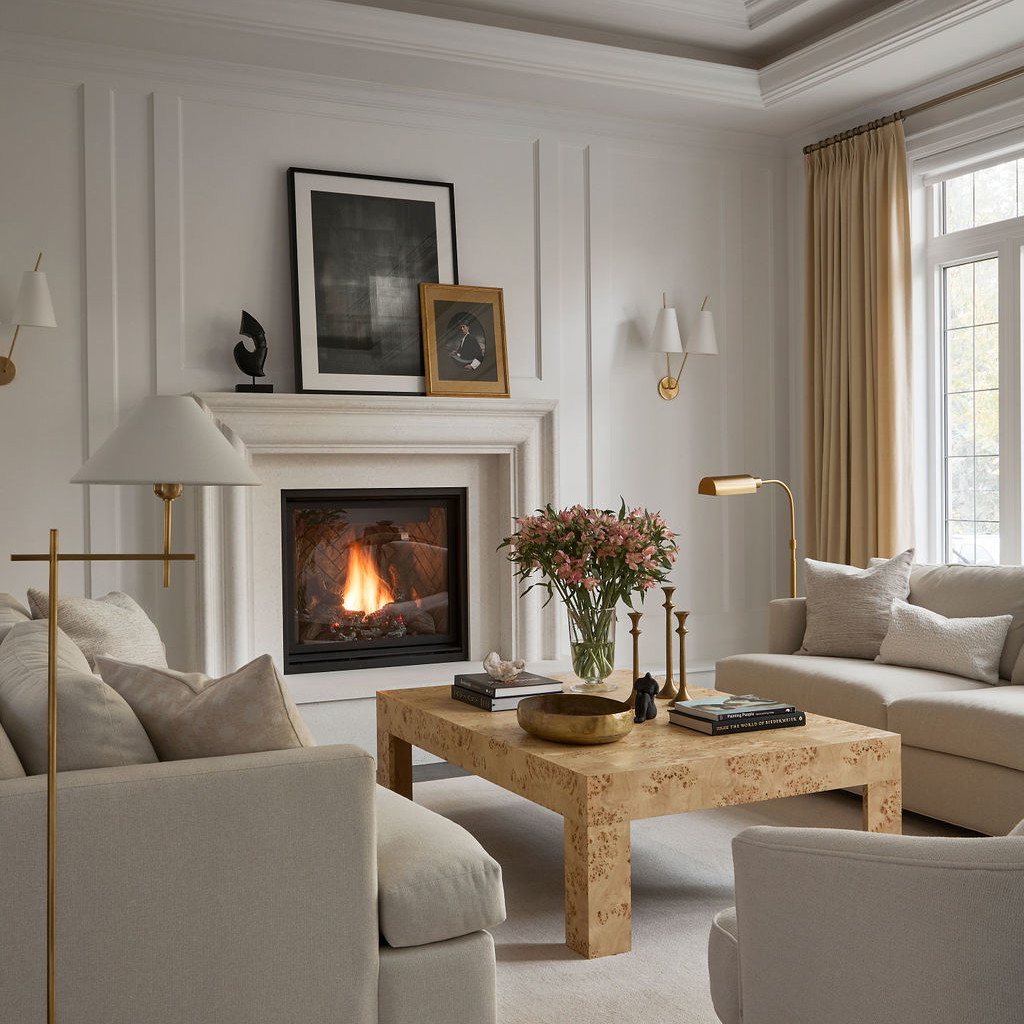 a living room filled with furniture and a fire place