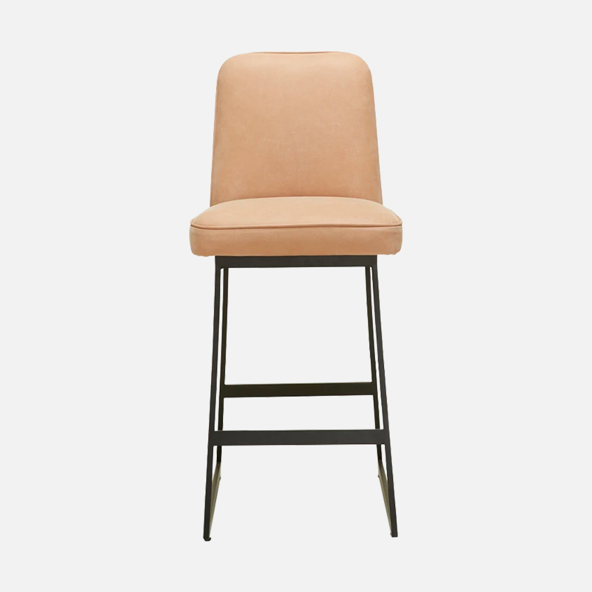 a bar stool with a tan upholstered seat