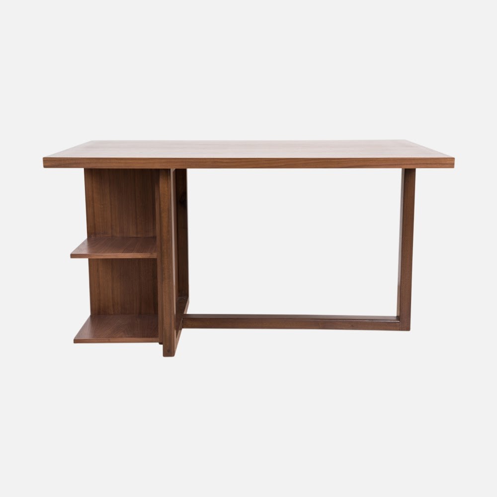 a wooden desk with a shelf underneath it