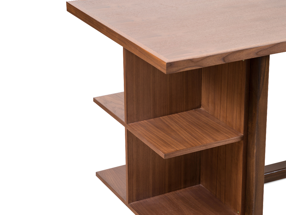 a wooden table with three shelves on each side